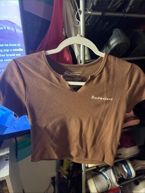 Budweiser Brown V-Neck Cropped Tee with Chest Logo